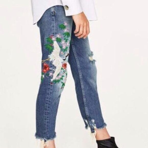 KanCan Denim - KanCan Crane Bird Floral Embroidered Frayed Hem Mid Rise Skinny Blue Jeans Sz 25